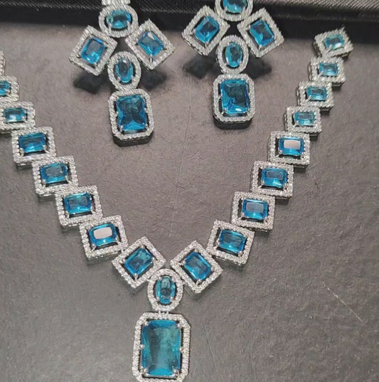 Aqua Blue/Sky Blue American Diamond Necklace with Earrings