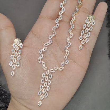 American Diamond Necklace with Earrings, Dual Tone Ganga Jamuna Polish