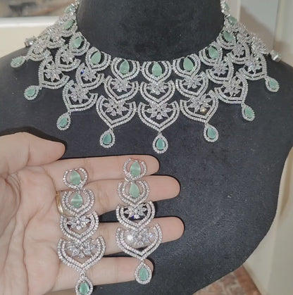 Mint Green American Diamond Necklace with Earrings