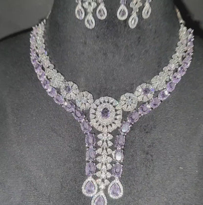 Lavender Purple American Diamond Necklace With Earrings