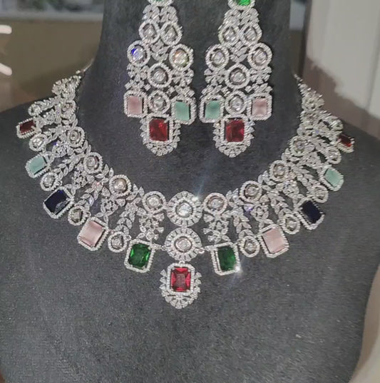 Ritta's Collections Multicolour American Diamond Necklace with Earrings
