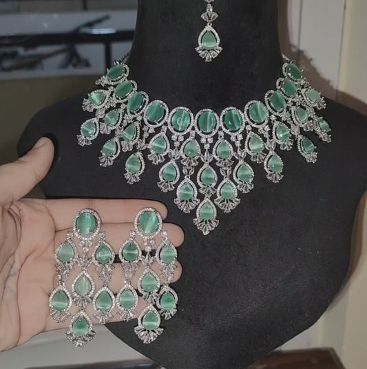 Ritta's Collections Mint Green American Diamond Necklace with Earrings and Maangtikka