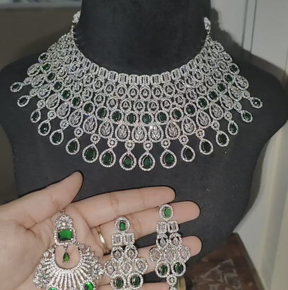 Emerald Green American Diamond Chokar Necklace with Earrings and Maangtikka, Swipe for video