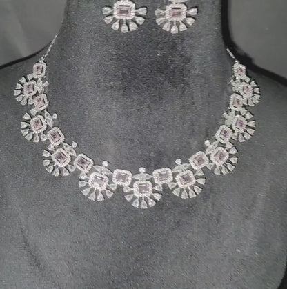 Blush Pink American Diamond Necklace with Earrings, swipe for video