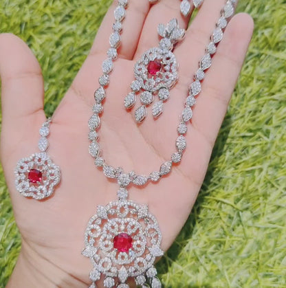Red American Diamond Necklace with Earrings and maangtikka