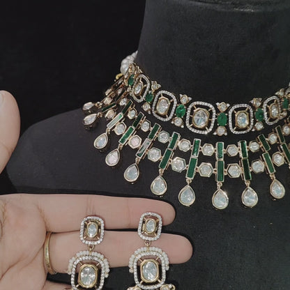 Emerald Green American Diamond Kundan, set of 2 necklaces and 2 pair of earrings