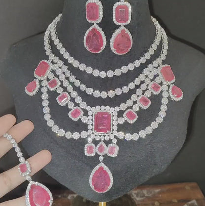 Pink American Diamond Necklace with Earrings and Maangtikka, swipe for video