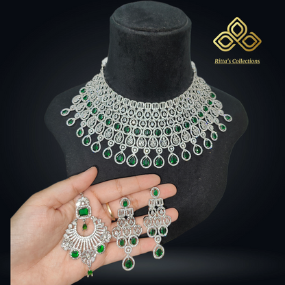 Emerald Green American Diamond Chokar Necklace with Earrings and Maangtikka, Swipe for video