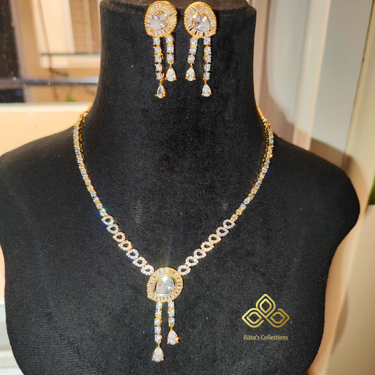 Golden Polish Elegant American Diamond Necklace with Earrings