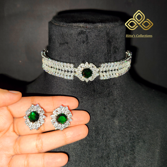 Emerald Green Sleek American Diamond Chokar with Earrings