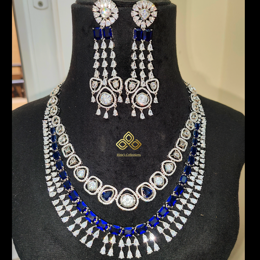 Double Layer Blue American Diamond Necklace with Earrings