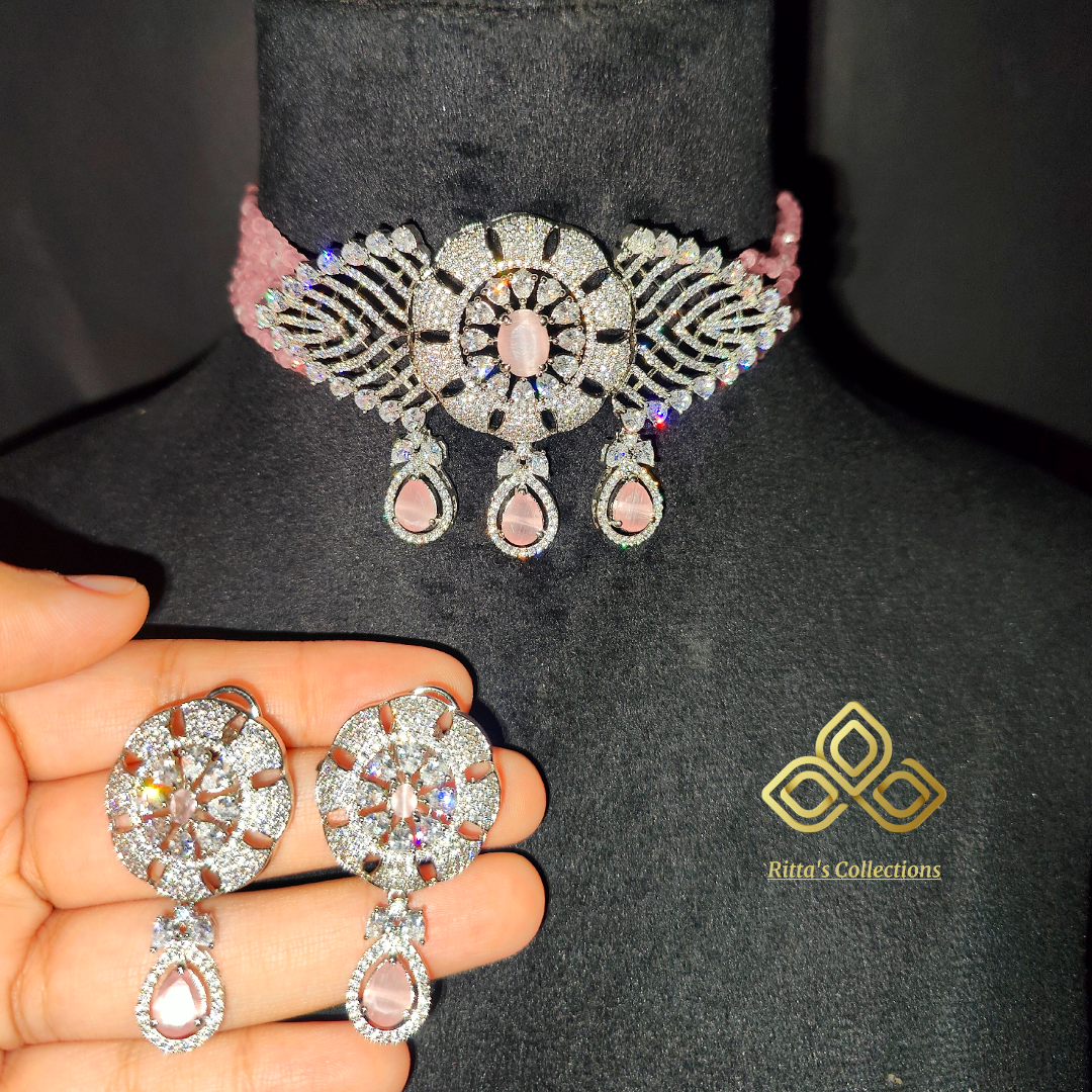 Baby Pink American Diamond Chokar With Crystals