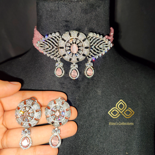 Baby Pink American Diamond Chokar With Crystals