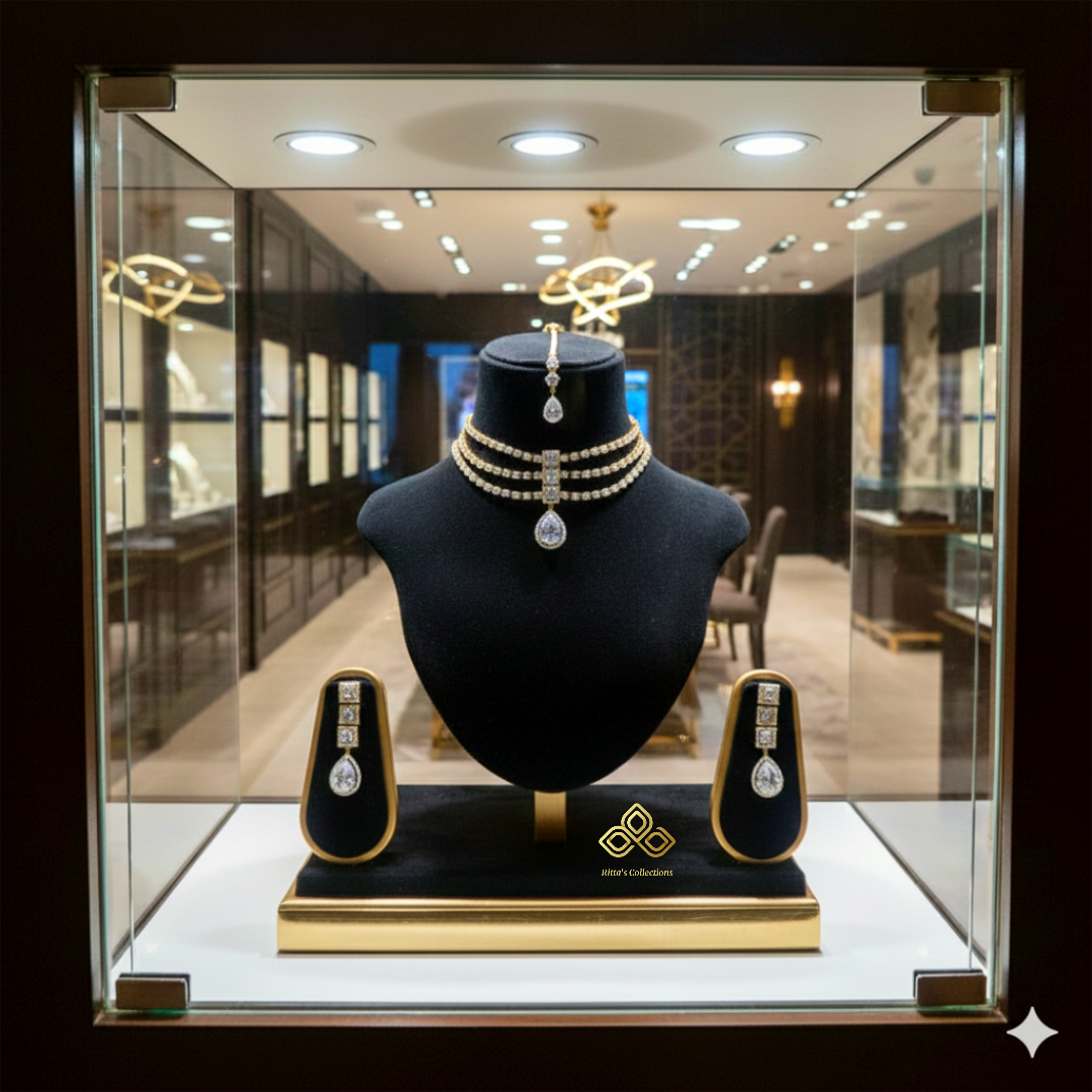 Golden American Diamond Chokar Necklace with Earrings and Maangtikka