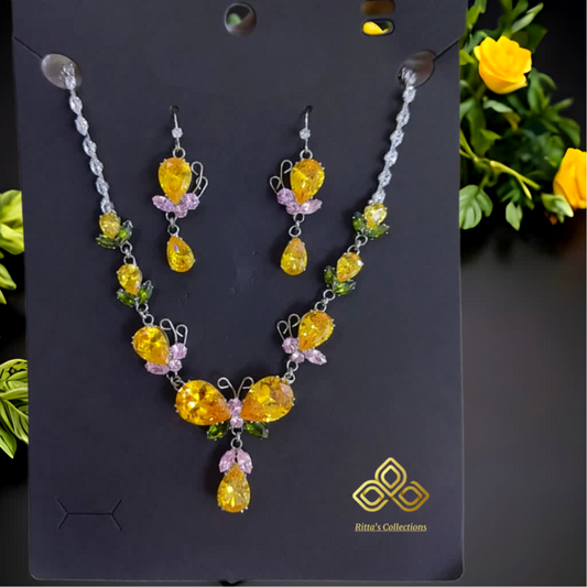 Yellow butterfly korean crystal necklace with earrings