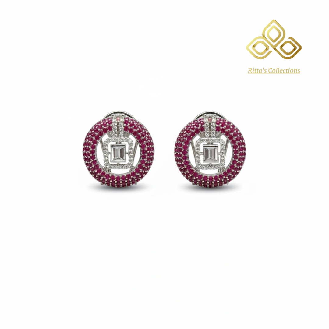 Ruby Pink American Diamond Stud Earrings (Invisible Setting)