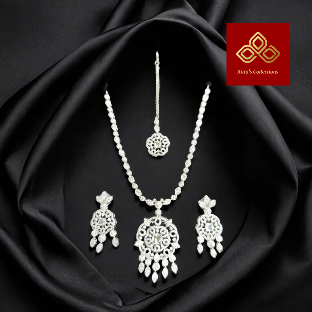 American Diamond Necklace with Earrings and Maangtikka