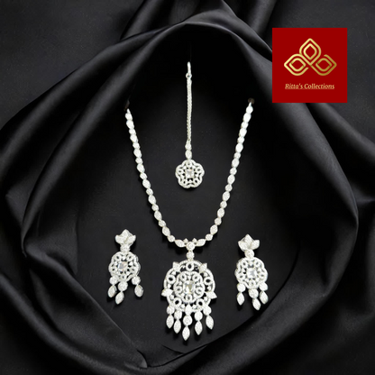 American Diamond Necklace with Earrings and Maangtikka