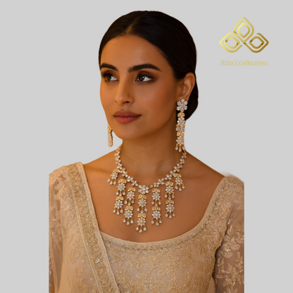 Ivory Favourite, Dual Tone Ganga Jamuna Polish American Diamond Necklace with Earrings