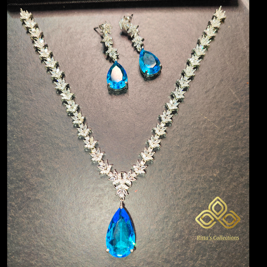 Aqua Blue American Diamond Necklace with Earrings