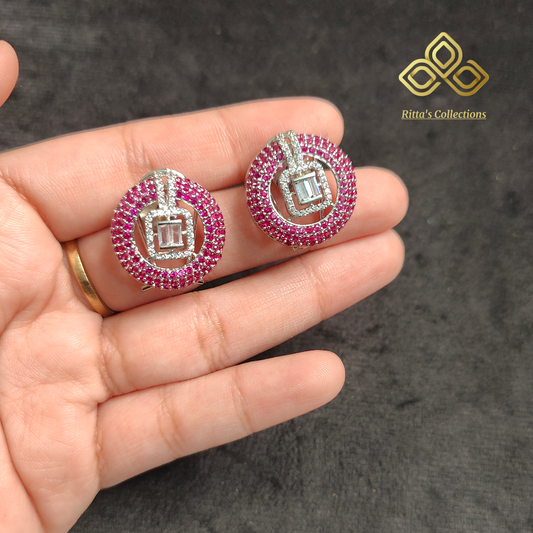 Ruby Pink American Diamond Stud Earrings (Invisible Setting)