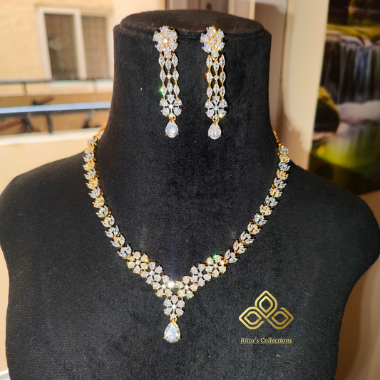 Golden Polish American Diamond Necklace with Earrings