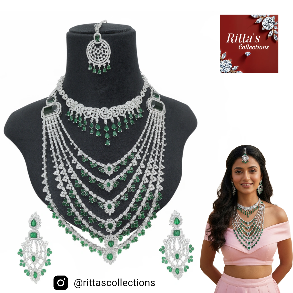 Bridal Emerald Green American Diamond Necklace Set, 6 layers necklace with 1 short necklace, earrings and Maangtikka