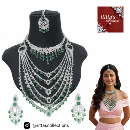 Bridal Emerald Green American Diamond Necklace Set, 6 layers necklace with 1 short necklace, earrings and Maangtikka
