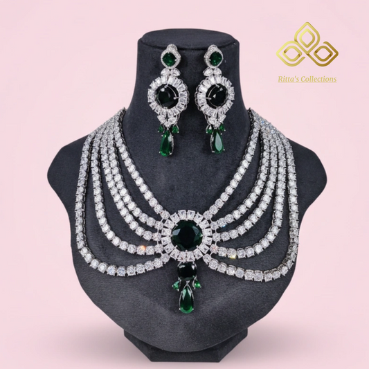 Five 5 Layer Emerald Green American Diamond Necklace with Earrings, Premium Article
