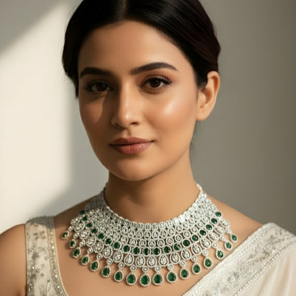 Emerald Green American Diamond Chokar Necklace with Earrings and Maangtikka, Swipe for video