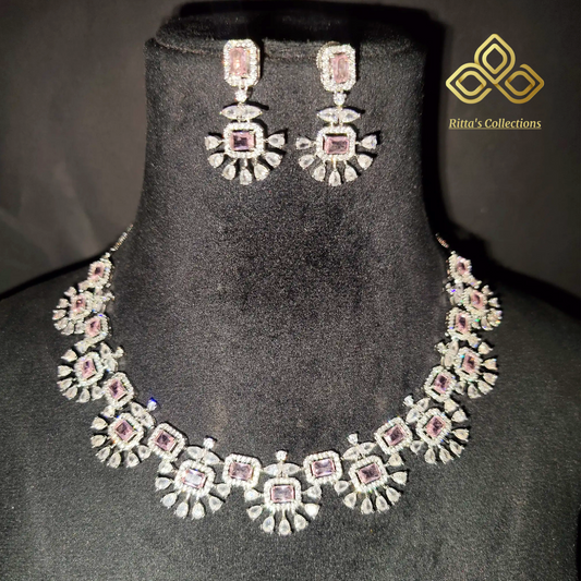 Blush Pink American Diamond Necklace with Earrings, swipe for video
