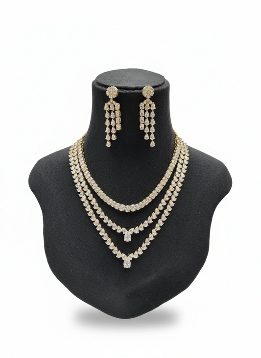 Three Layer Golden Polish American Diamond Necklace with Earrings