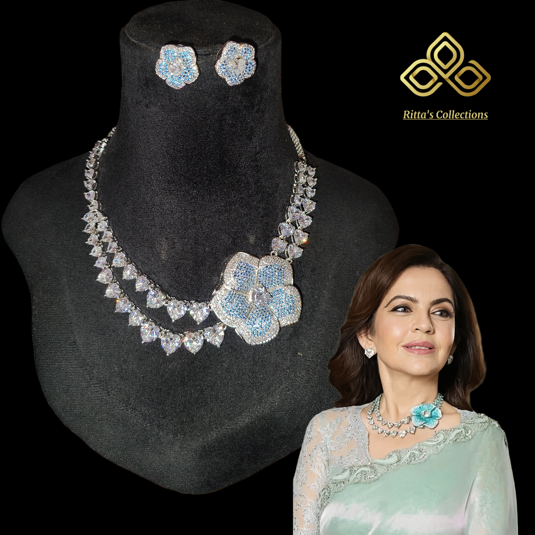 Neeta Ambani Inspired Jewellery, Side flower brooch Necklace with stud earrings