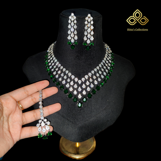 Emerald Green American Diamond Necklace with Earrings and Maangtikka