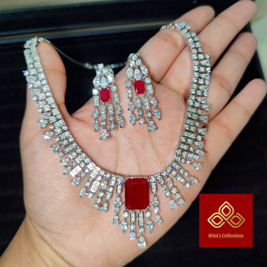 Ruby Pink American Diamond Necklace with Earrings