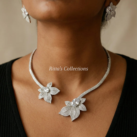 Ritta's Collection's Designer American Diamond Hasli Necklace with Earrings