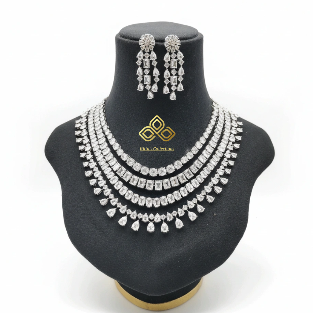 4 Layer American Diamond Necklace Set with Earrings