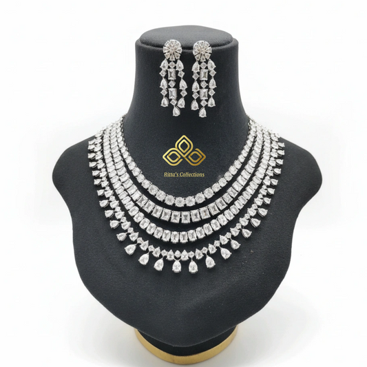 Ritta's Collections Exclusive 4 Layer American Diamond Necklace Set with Earrings