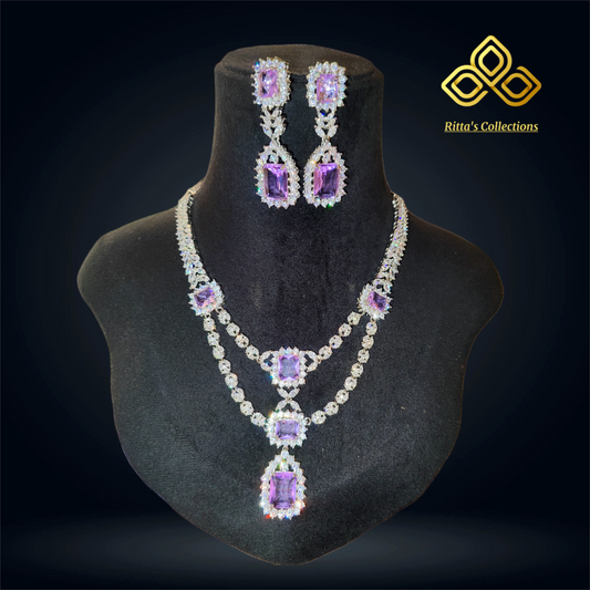 Lavender Purple American Diamond Necklace with Earrings