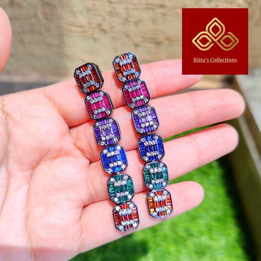 Multicolor Premium American Diamond Earrings, Neno Setting will Victorian Polish
