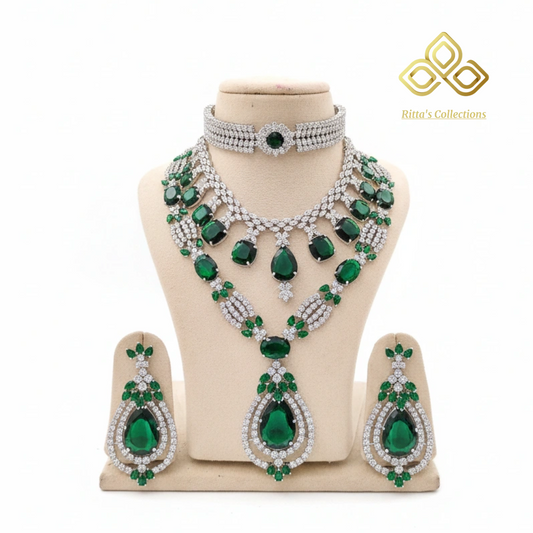 Emerald Green American Diamond Exclusive Set, 1 choker set + 1 Necklace set + 1 Necklace Set
