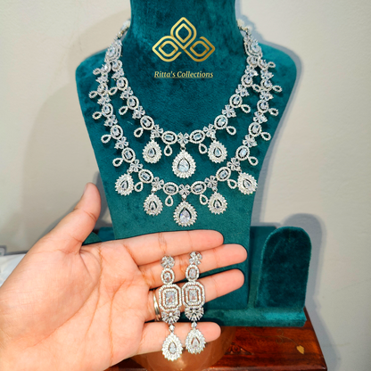 Double Layer American Diamond Necklace with Earrings
