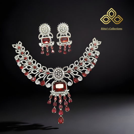 Red American Diamond Necklace with Earrings
