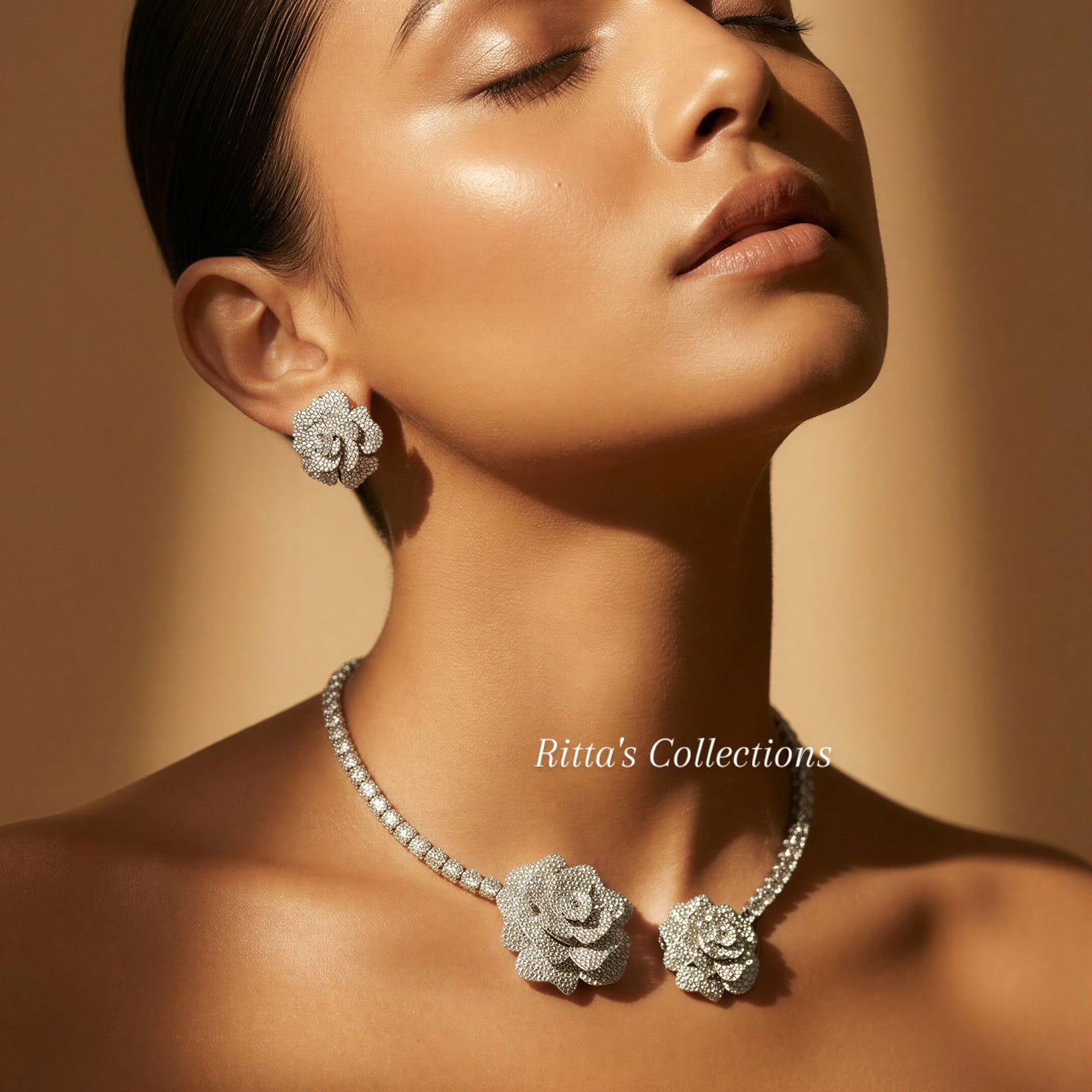 Ritta's Designer American Diamond Hasli with Earrings Front Openable (Invisible Nano Setting)