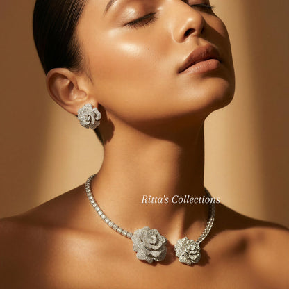 Ritta's Designer American Diamond Hasli with Earrings Front Openable (Invisible Nano Setting)