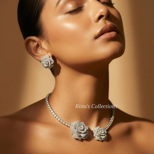 Ritta's Designer American Diamond Hasli with Earrings Front Openable (Invisible Nano Setting)