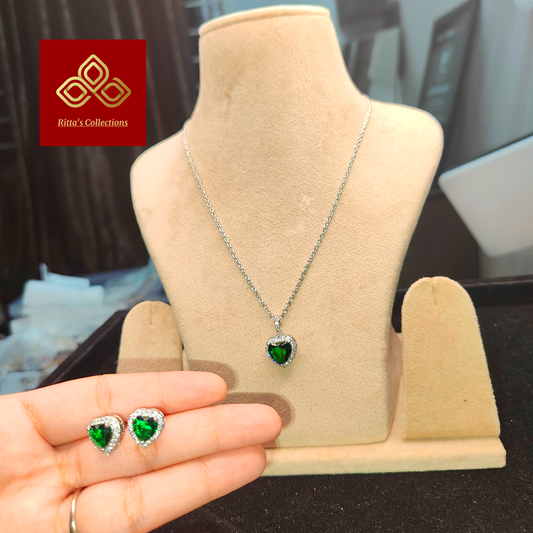 Green Heart Pandent Set with Chain & Stud Earrings
