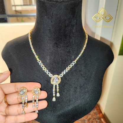 Golden Polish Elegant American Diamond Necklace with Earrings