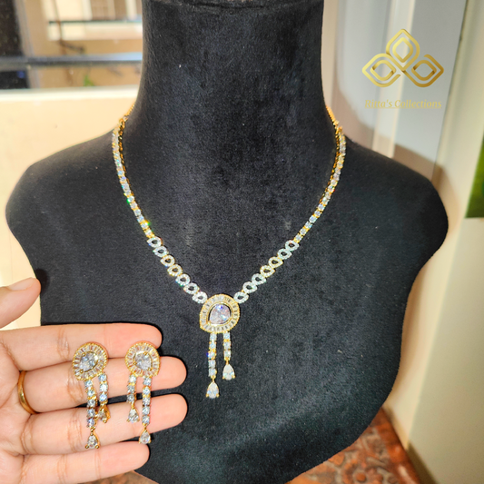 Golden Polish Elegant American Diamond Necklace with Earrings