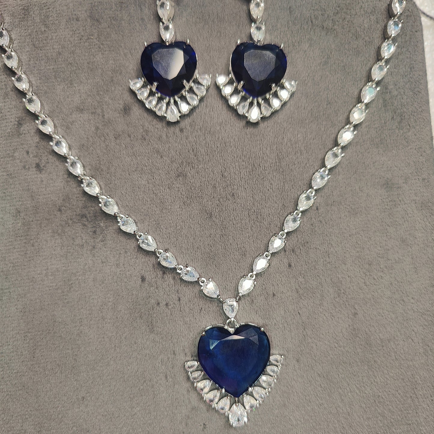 Blue Heart American Diamond Necklace with Earrings